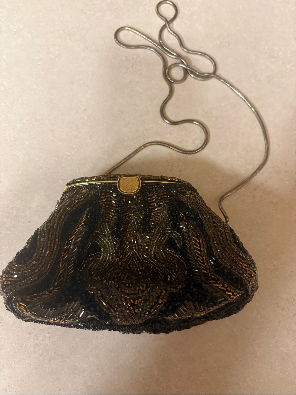 LeRegale Beaded Evening Clutch in Black and Gold with Shoulder Chain
